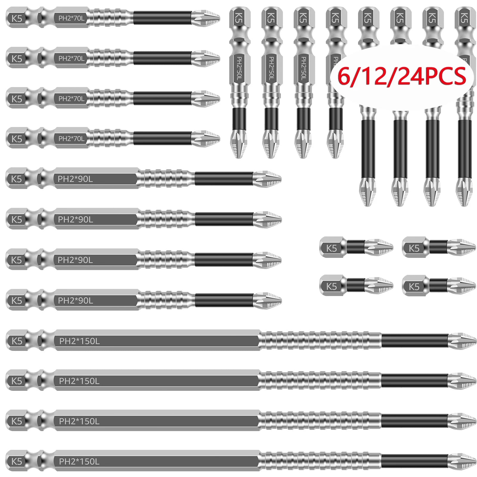 K5 Impact Screwdriver Bits — 6 or 24-Piece Anti-Slip Magnetic Phill...