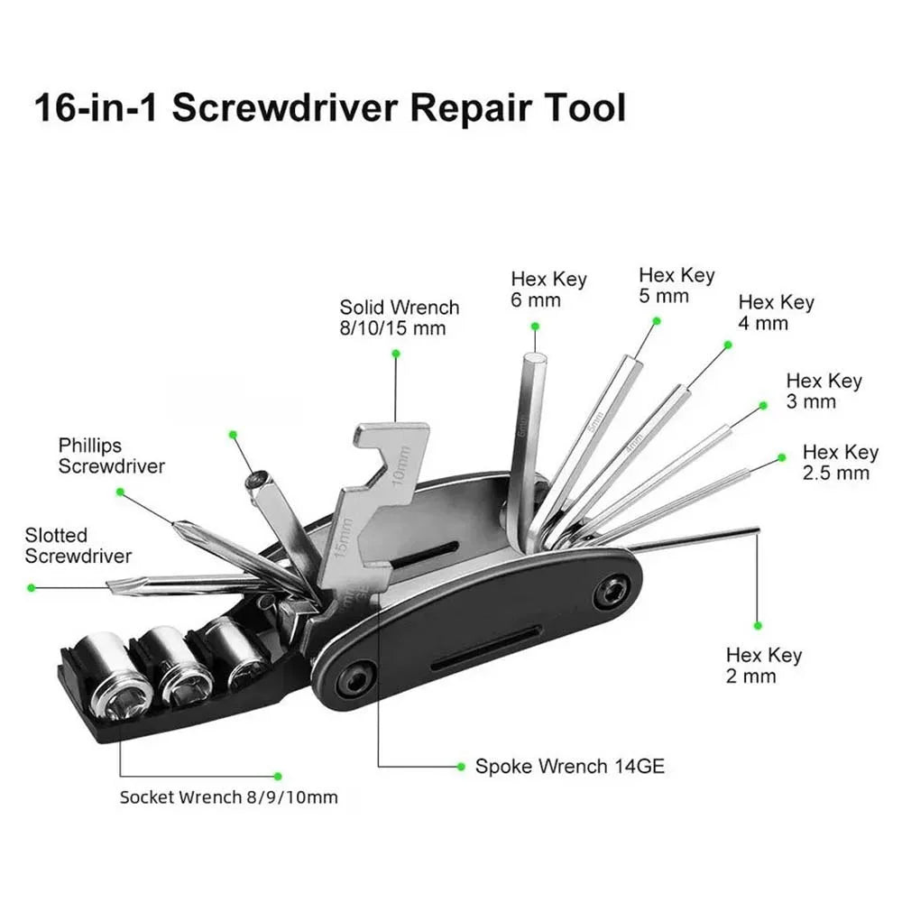 16 in 1 Portable Bicycle Repair Tools Kit Hex Wrench Nut Tire