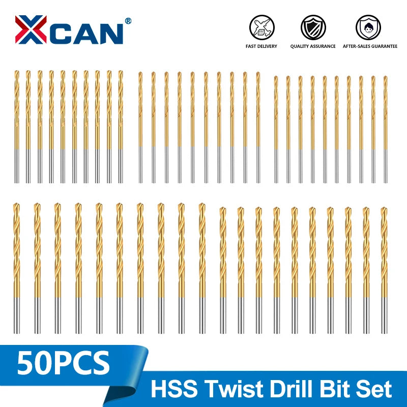 XCAN 50Pcs HSS Titanium Coated Twist Drill Set 1-3mm Straight Shank