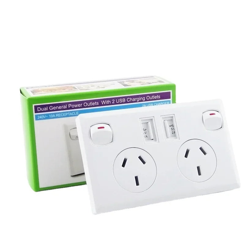 Australian Standard Usb Wall Dual Socket with 2gang Switch