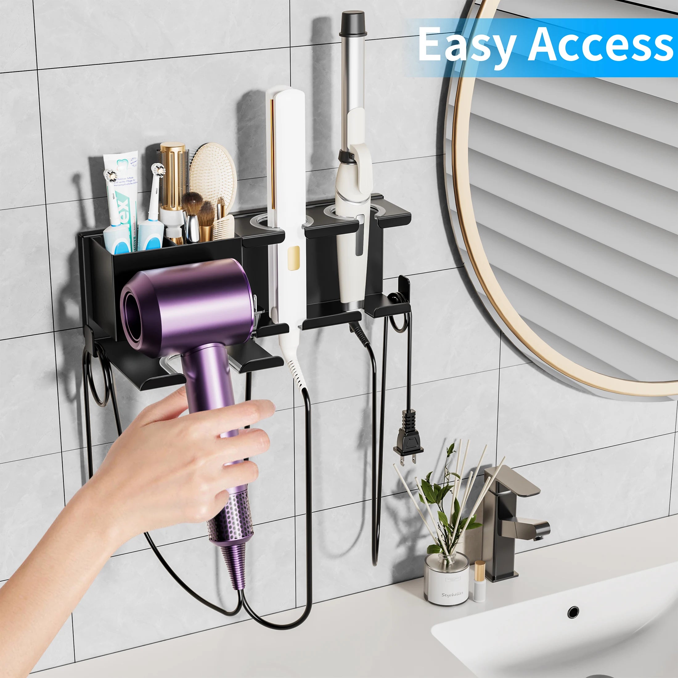 Wall Mounted Hair Dryer Holder Stand Space-Saving Blow