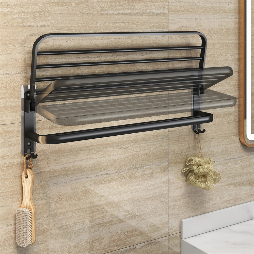 Matte Black 50CM Folding Holder With Hook Towel Holder Wall Mount