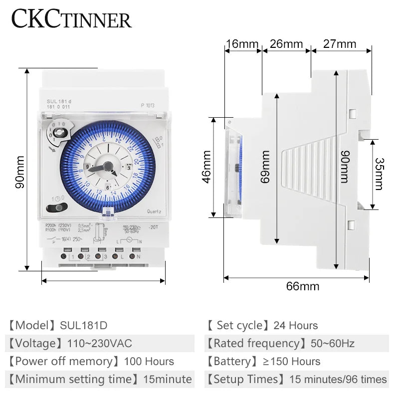 SUL181D DIN Rail 24hr Mechanical Timer Relay – AC 220V 96 Settings