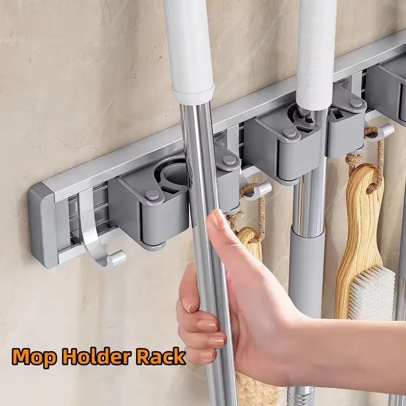 Wall Mounted Mop And Broom Organizer Rack with 5 Hooks Strong Mop