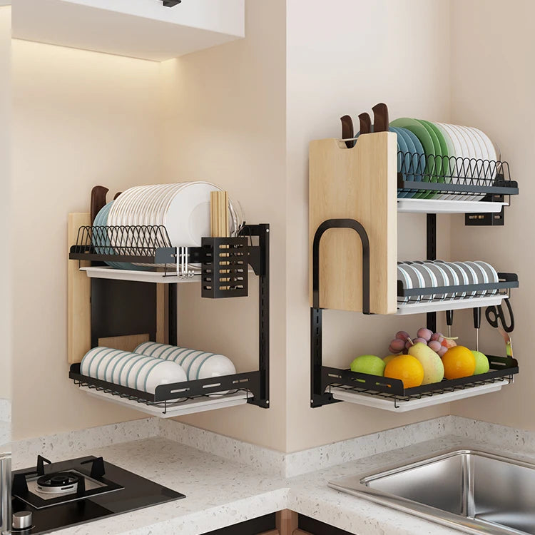 Wall-Mounted 3-Layer Stainless Steel Dish Drying Rack – Black