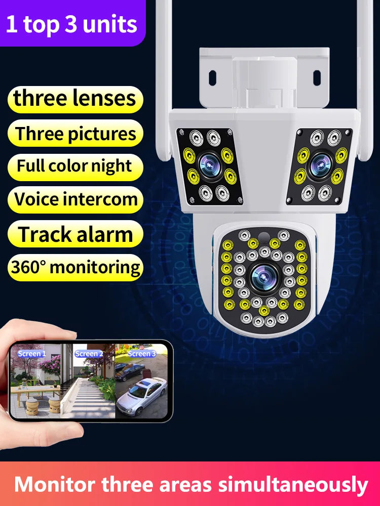 6K 12MP WiFi Outdoor Camera 8X Zoom Three Len Ai Motion Tracking PTZ