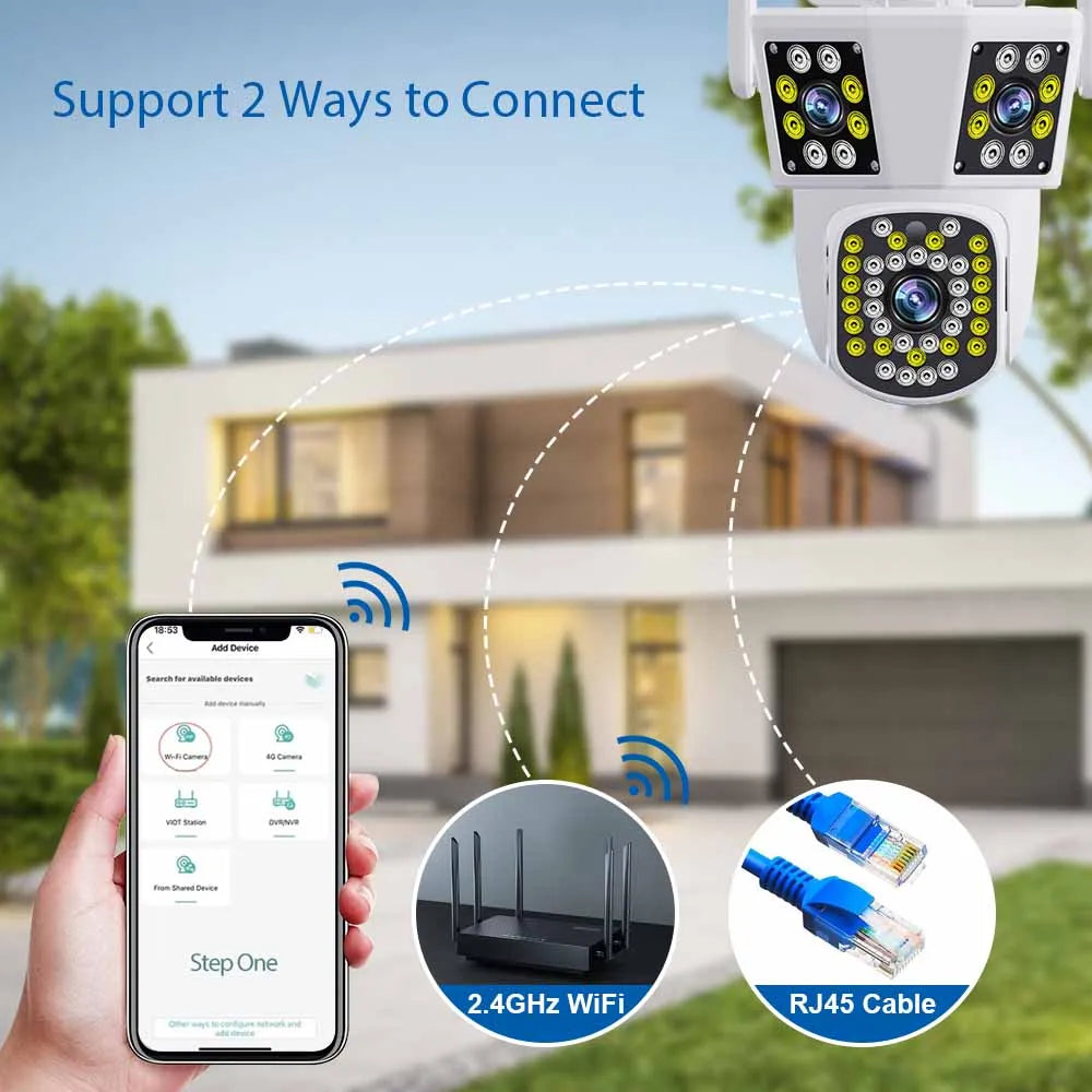 6K 12MP WiFi Outdoor Camera 8X Zoom Three Len Ai Motion Tracking PTZ