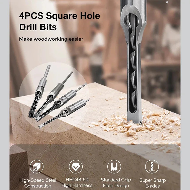 HSS Square Hole Drill Set - Auger Mortising Chisel Bit