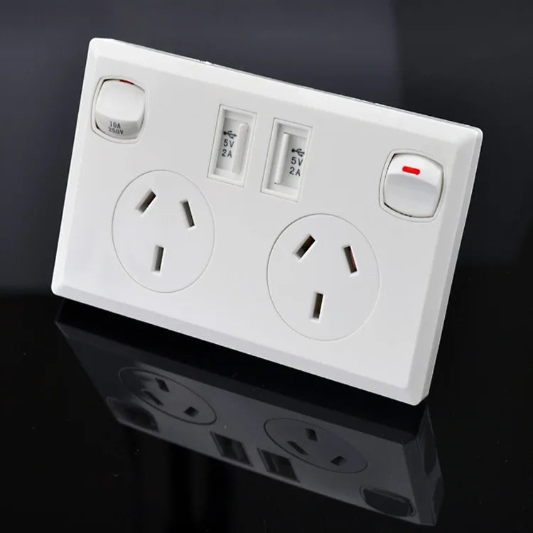 Australian Standard Usb Wall Dual Socket with 2gang Switch