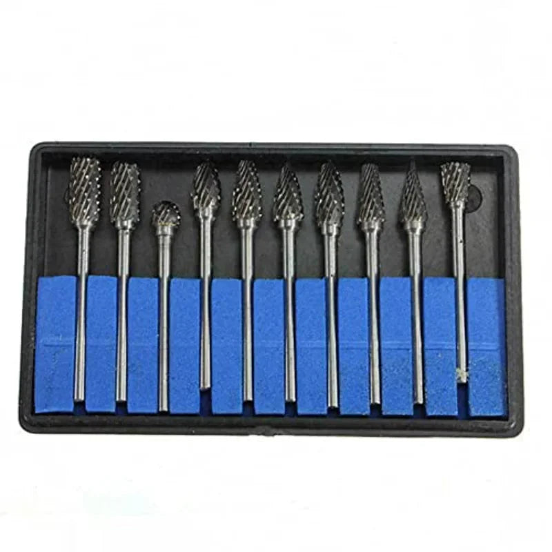 10pcs Tungsten Carbide Burr Set Compatible with 3mm Shank Diameter