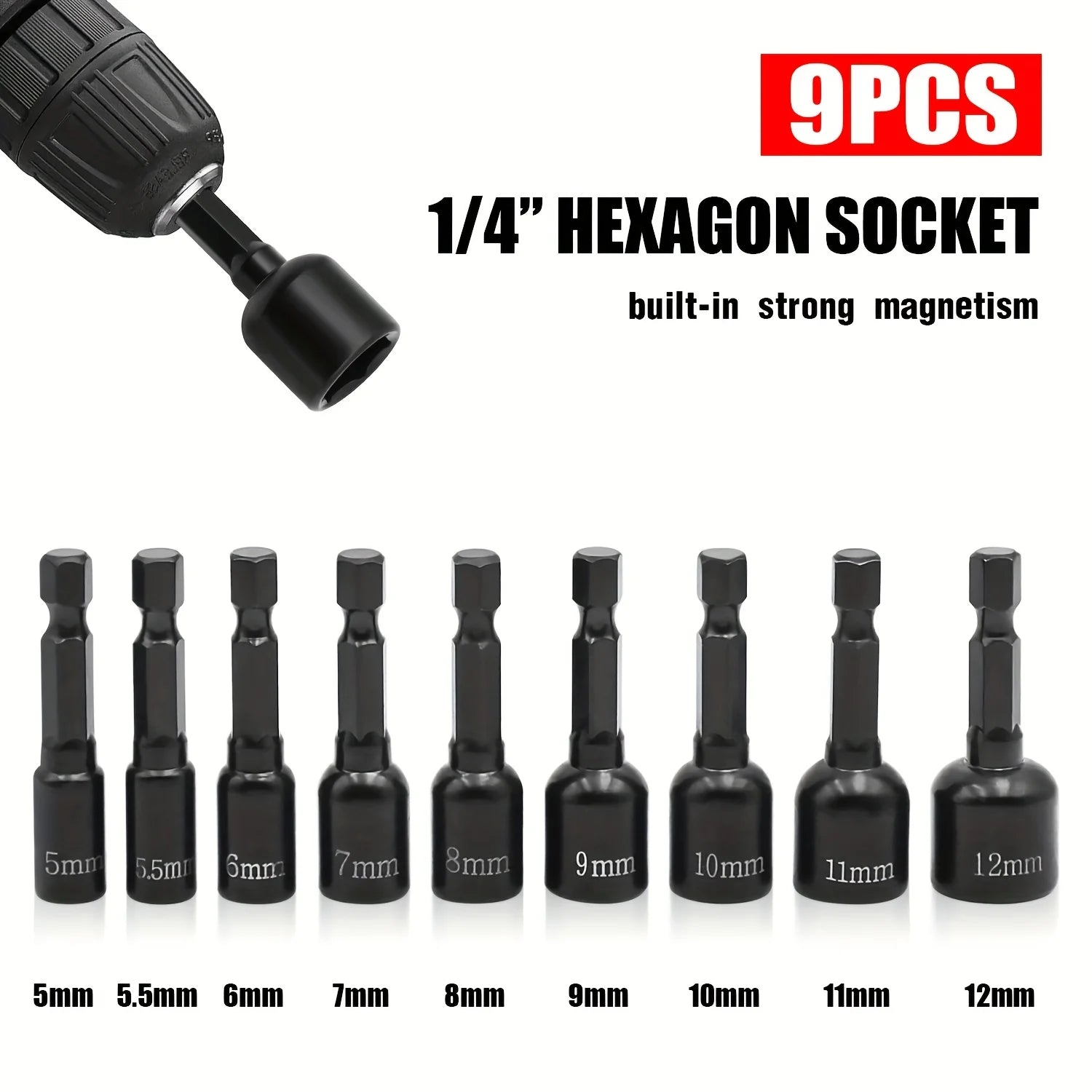9pcs Power Nut Driver Set Metric Hex Socket Drill Bits Chuck Adapter