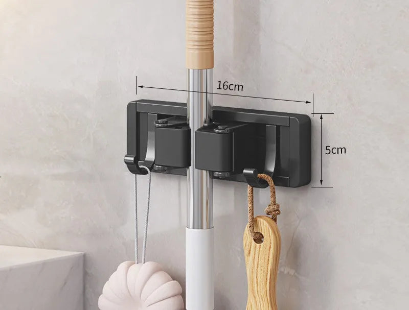 Wall Mounted Mop And Broom Organizer Rack with 5 Hooks Strong Mop
