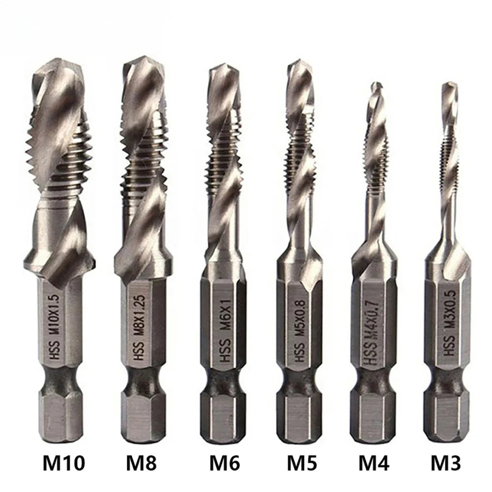 1/6Pcs Tap Drill Bit Set Hex Shank Titanium Plated HSS Screw Thread