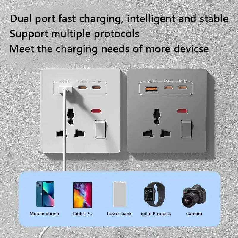 20W Fast Charging Universal Wall Socket With USB And Dual Typec