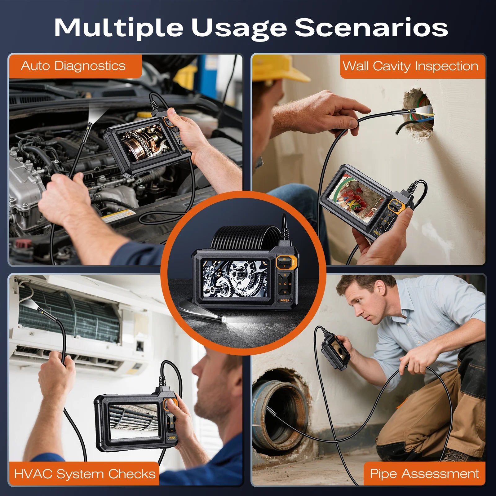 Borescope Dual Lens Endoscope with Light 4.3" IPS 1920P HD Inspection