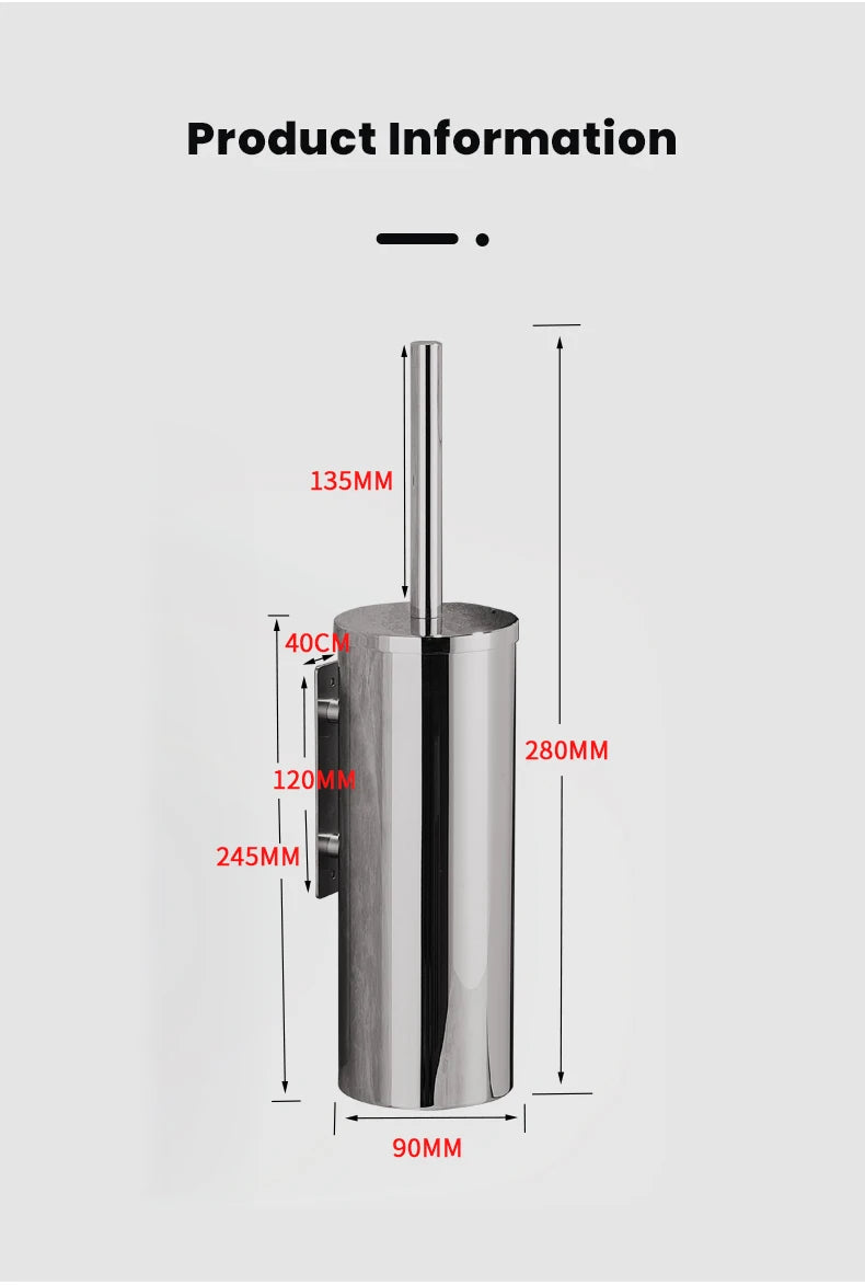 Toilet Brush Wall Mounted 304 Stainless Steel Cleaning Tools No Drill