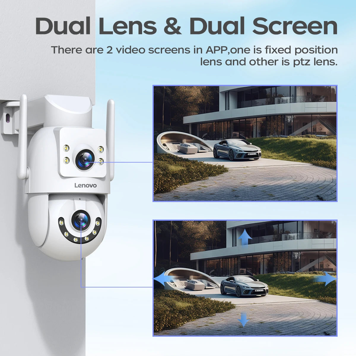 Lenovo 4MP HD Wifi PTZ Camera Outdoor Dual Lens Dual Screen Auto