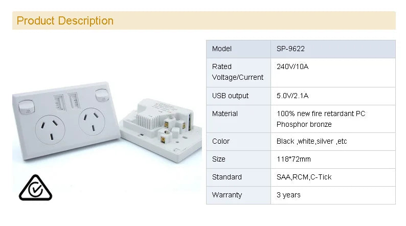 Australian Standard Usb Wall Dual Socket with 2gang Switch