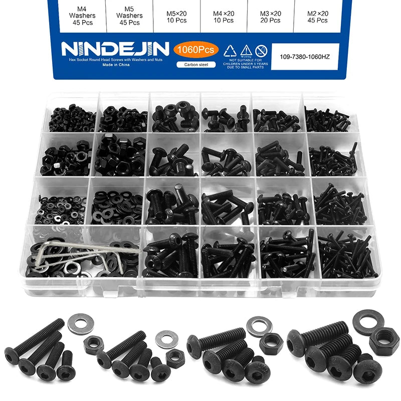 1060pcs M2 M3 M4 M5 Hex Socket Screw Set Carbon Steel Flat Round Cap