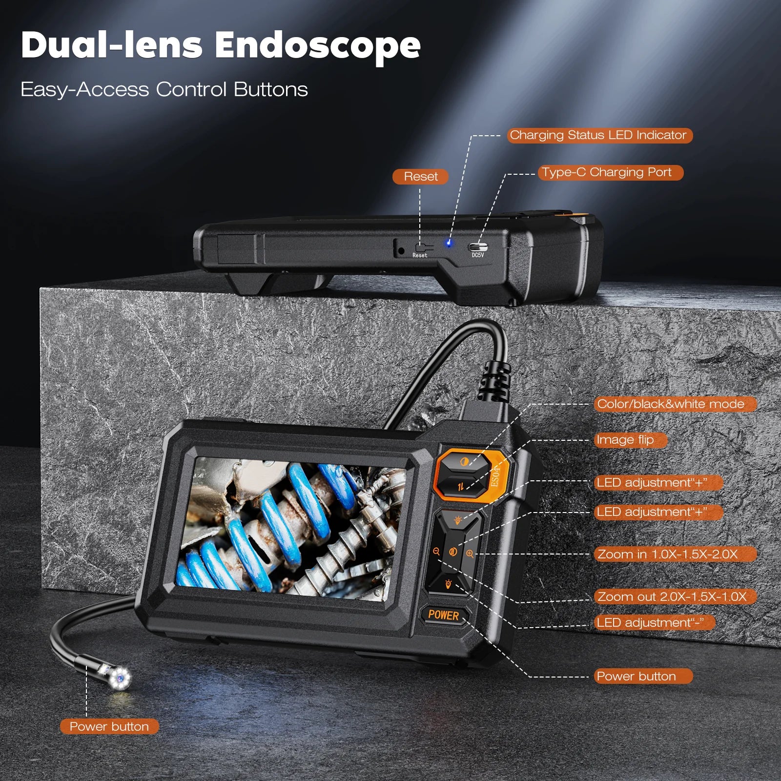 Borescope Dual Lens Endoscope with Light 4.3" IPS 1920P HD Inspection