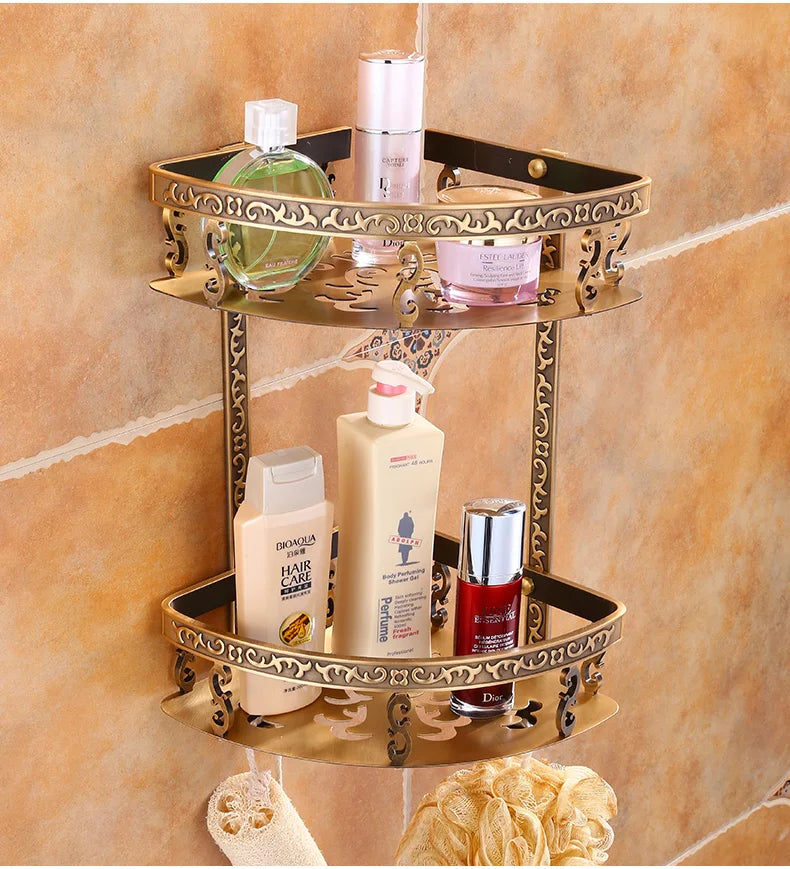 Antique Brass Aluminum Foldable Corner Rack Shelves Toilet Storage