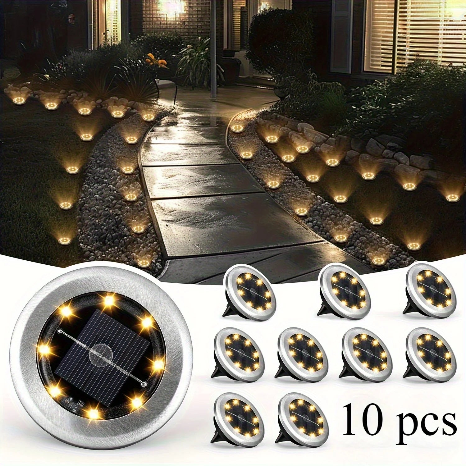 10pcs Solar Ground Light Outdoor Waterproof 8LED Disk Light for