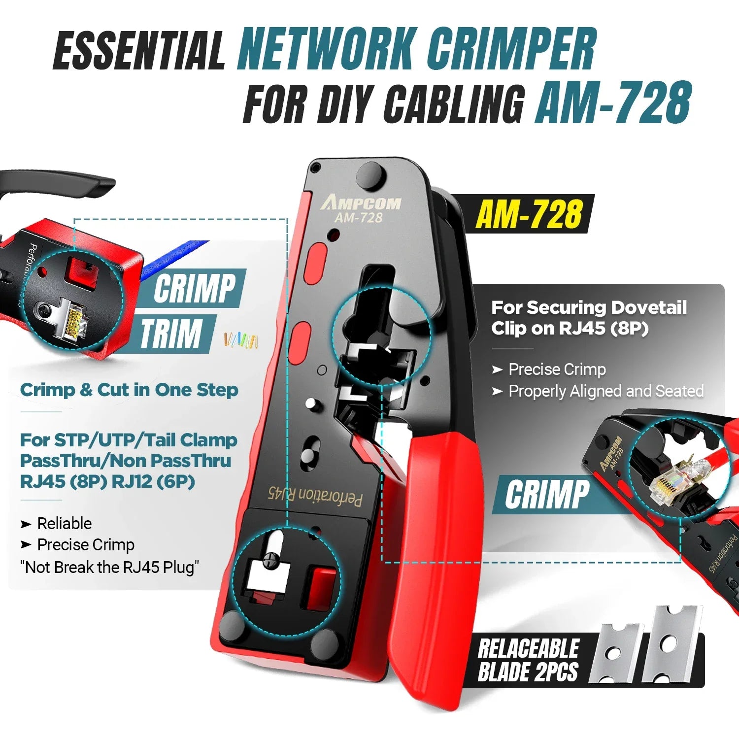 AMPCOM RJ45 Pass-Through Crimping Kit – Crimper, Punch-Down & Tester