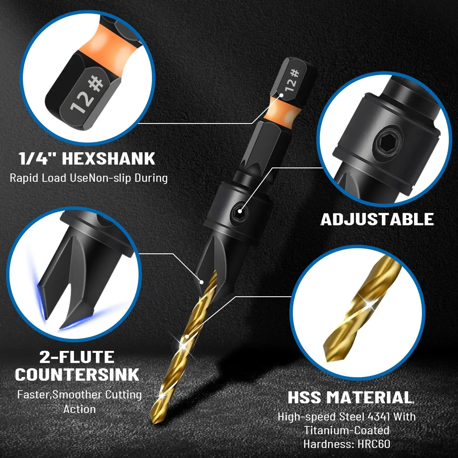 12PCS Countersink Drill Bit Set - #4-#12 Adjustable Wood Boring Bits