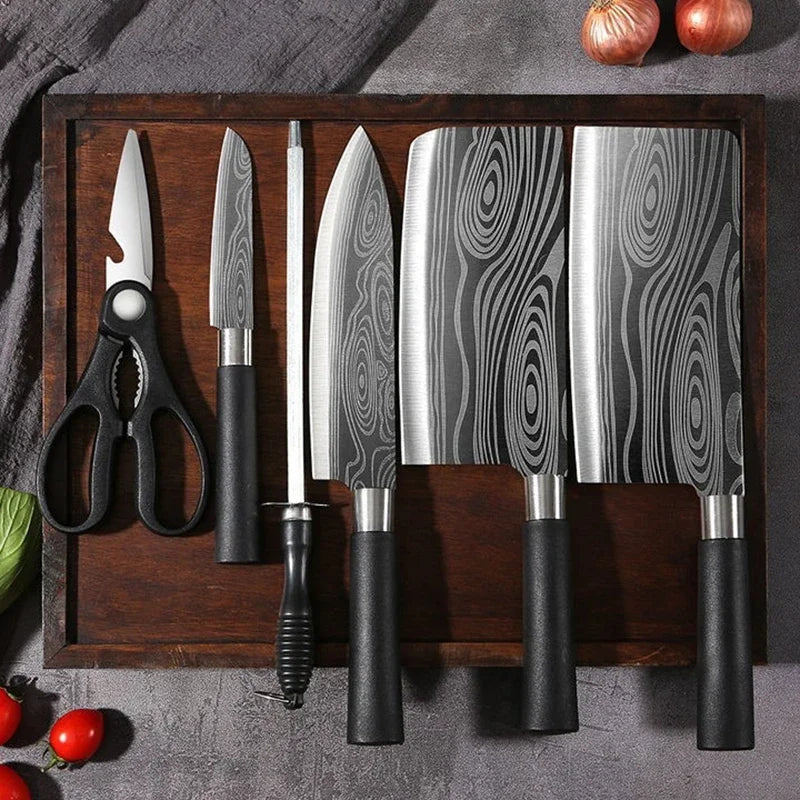 Laser Damascus Pattern Utility Kitchen Knives Scissors Sharpening Rod