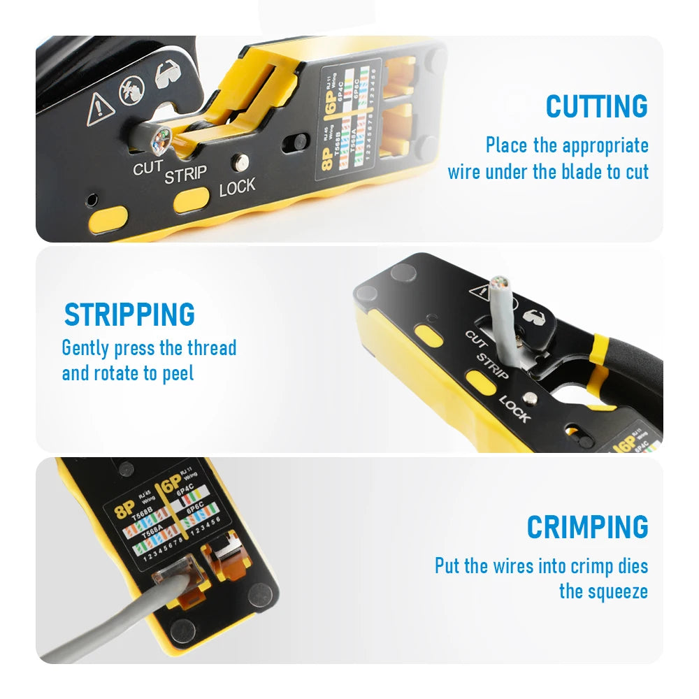 3-in-1 RJ45 Network Crimper – Crimp, Cut & Strip Cat6A/6/5E & RJ11/12