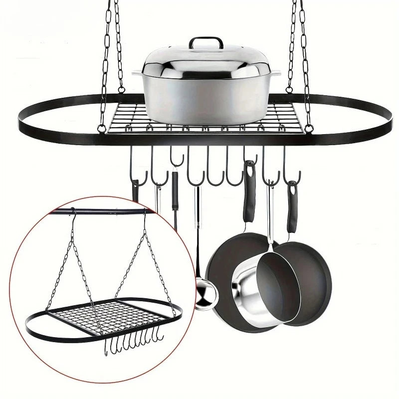 Oval Iron Wall-Mounted Kitchen Rack – Pot, Utensil & Seasoning Storage