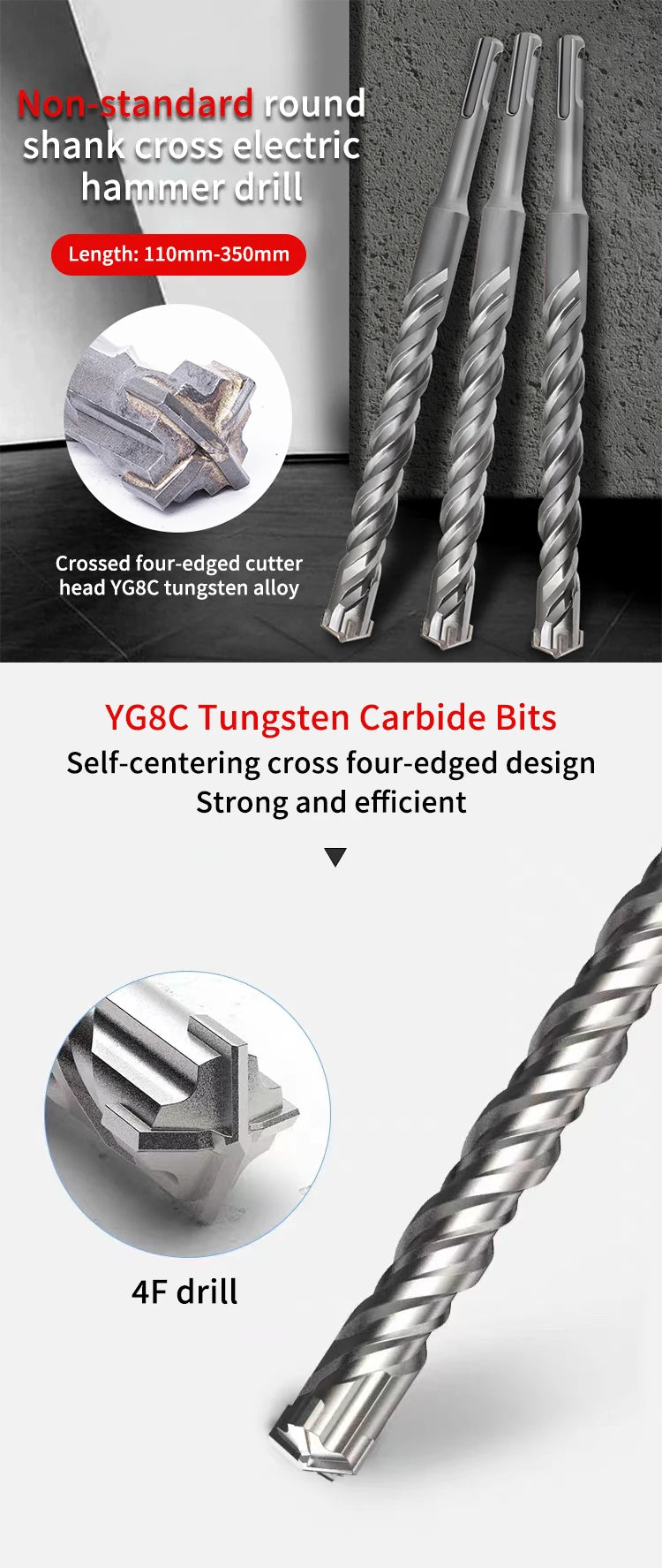 Customized Round SDS PLUS Shank Cross Tips Four Flutes Electric