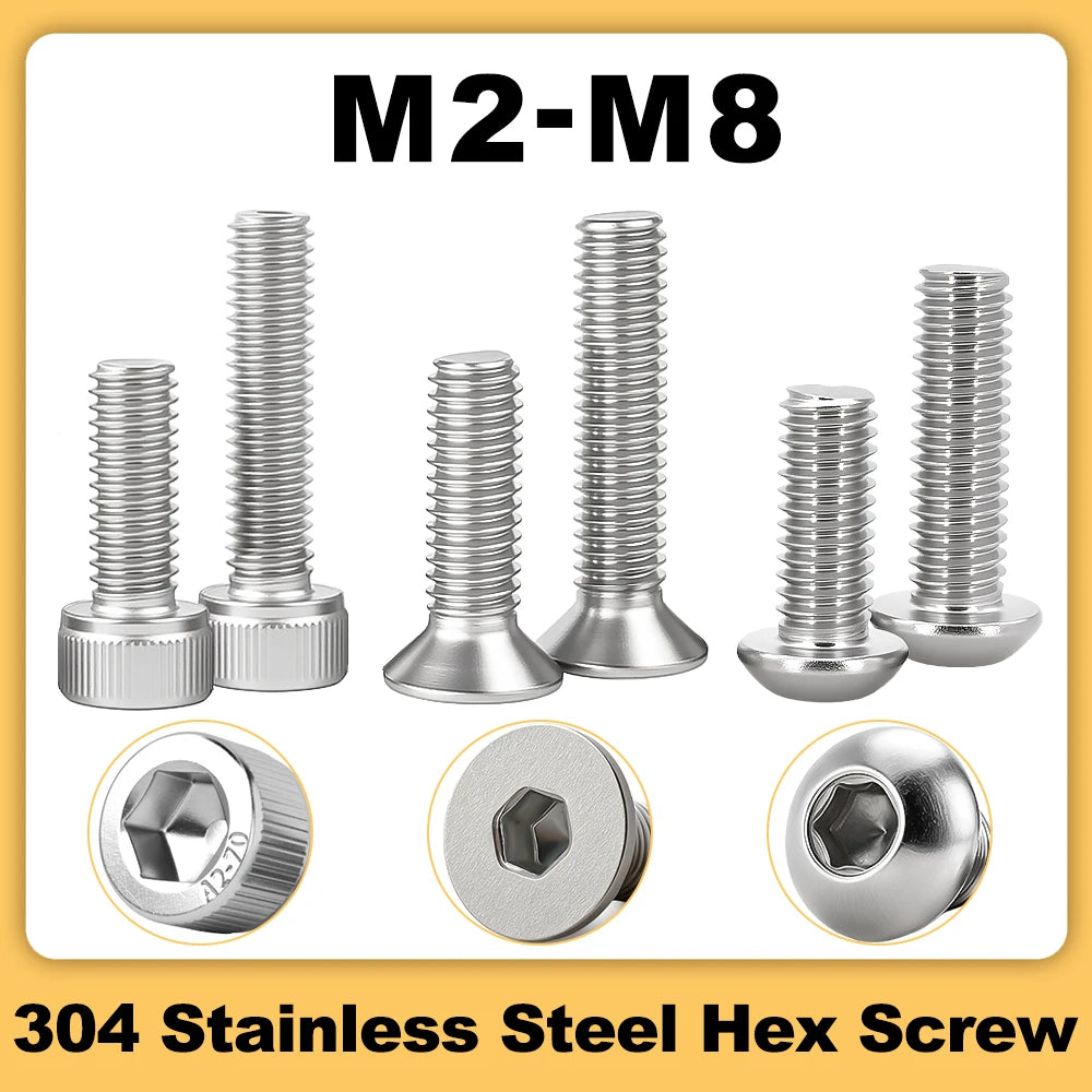 304 Stainless Steel Hex Socket Screw Thread Metal Machine Bolts M3 M4