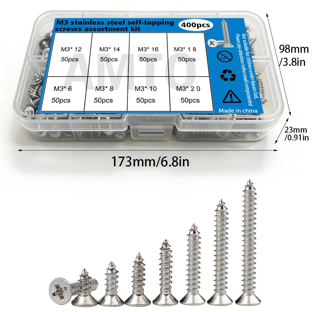 400-piece M3 stainless steel self-tapping screw set, 6mm, 8mm, 10mm