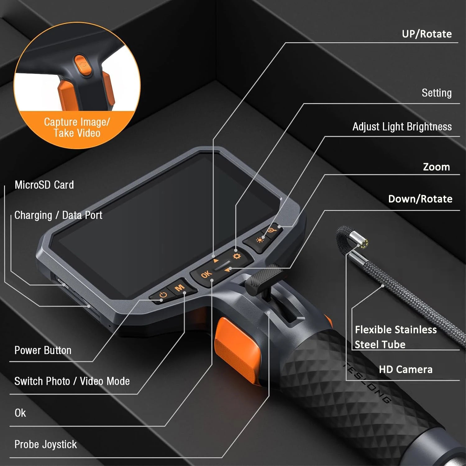 TESLONG TD450S 4.5Inch Screen Articulating Borescope 1080P 5 Inch IPS