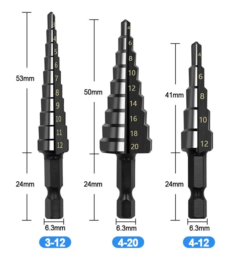 3Pcs HSS Straight Groove Step Drill Bit 3-12mm 4-12mm 4-20mm Nitride
