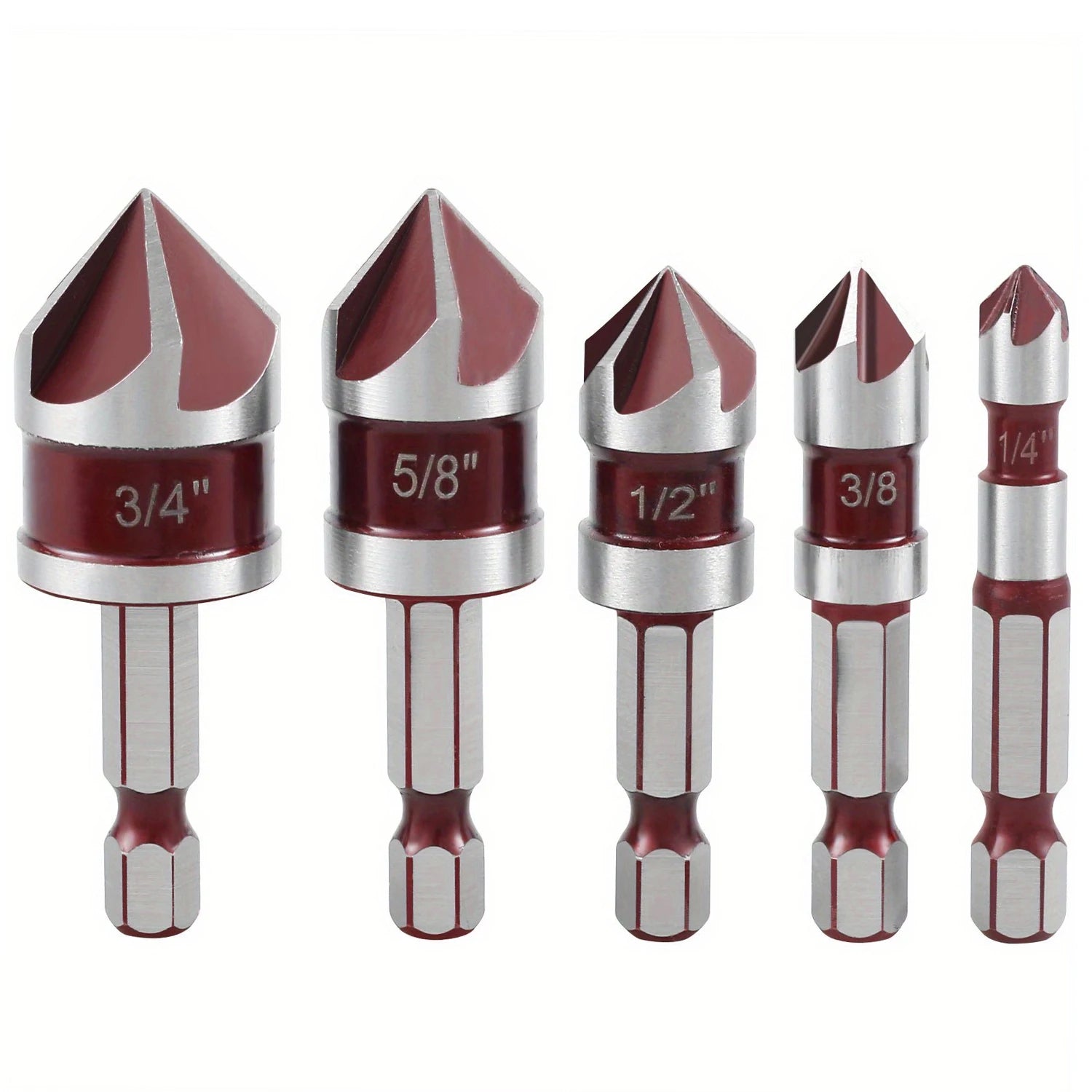 5pcs M35 Cobalt Countersink Drill Bit Set 5 Flute 82° 1/4" Hex Shan...