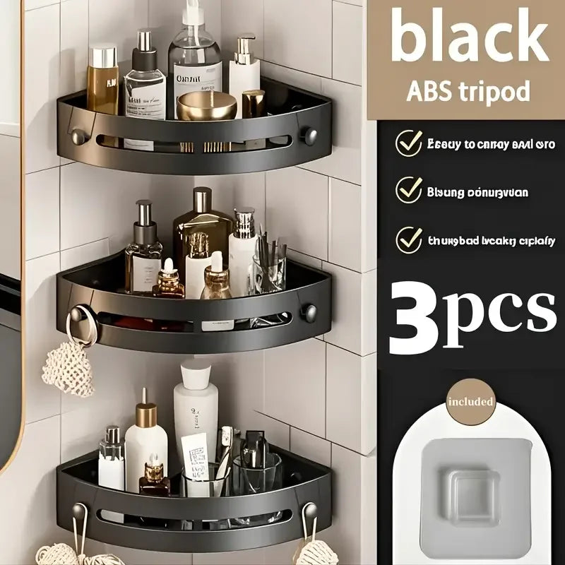 1/2/3pcs Wall-Mounted Bathroom Storage Rack with Hooks - Durable Pl...