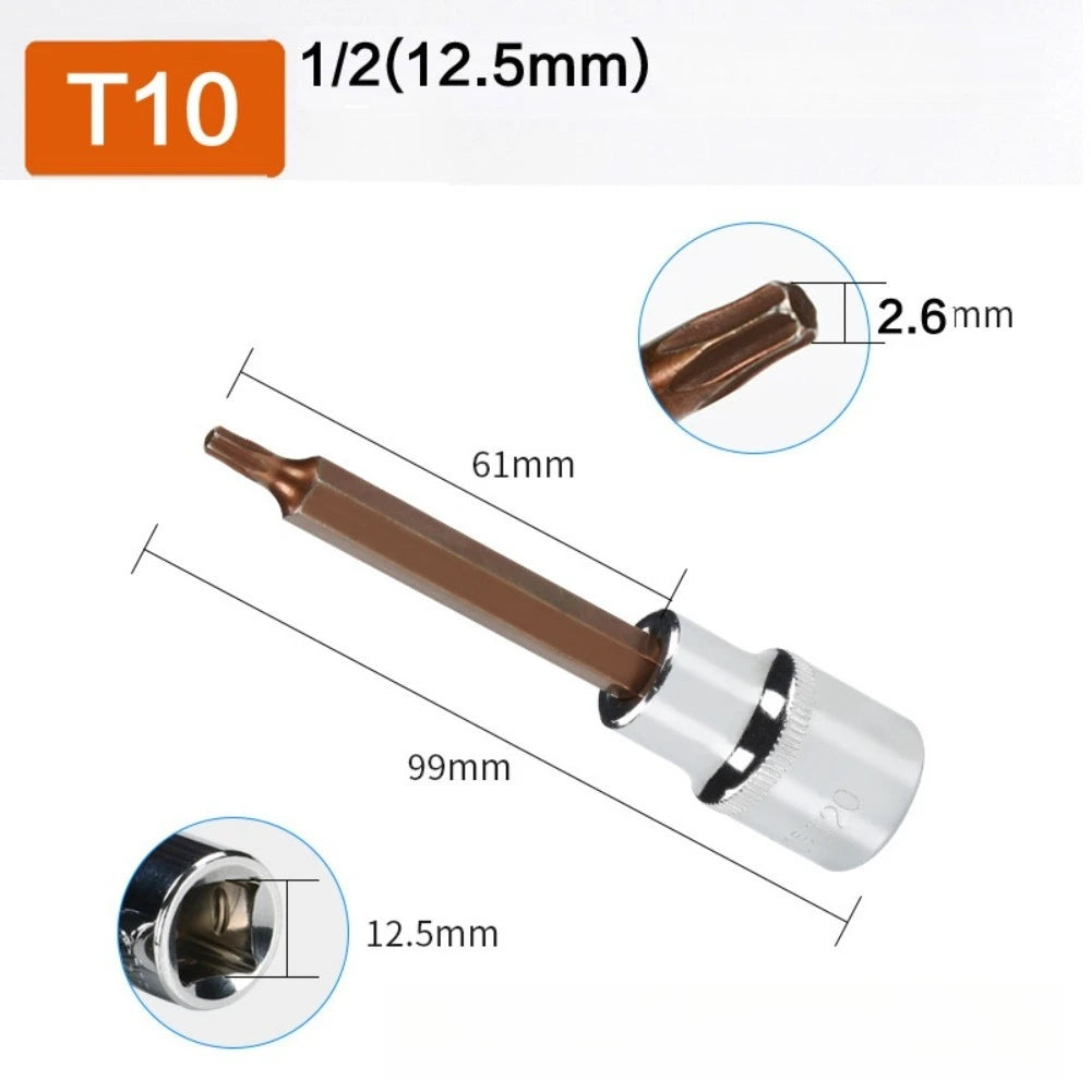 1/2 Long Torx Screwdriver Bits 100mm 1/2" Drive Bit Socket T10 T15