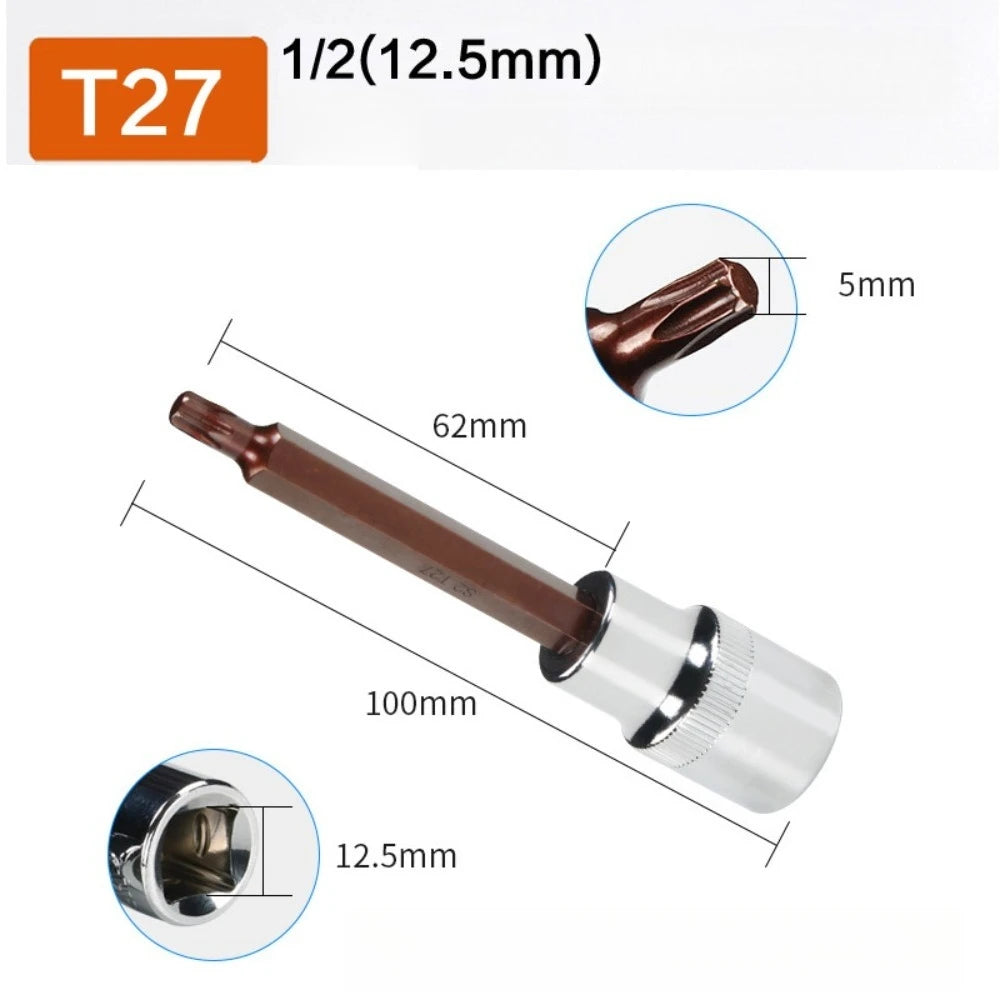1/2 Long Torx Screwdriver Bits 100mm 1/2" Drive Bit Socket T10 T15