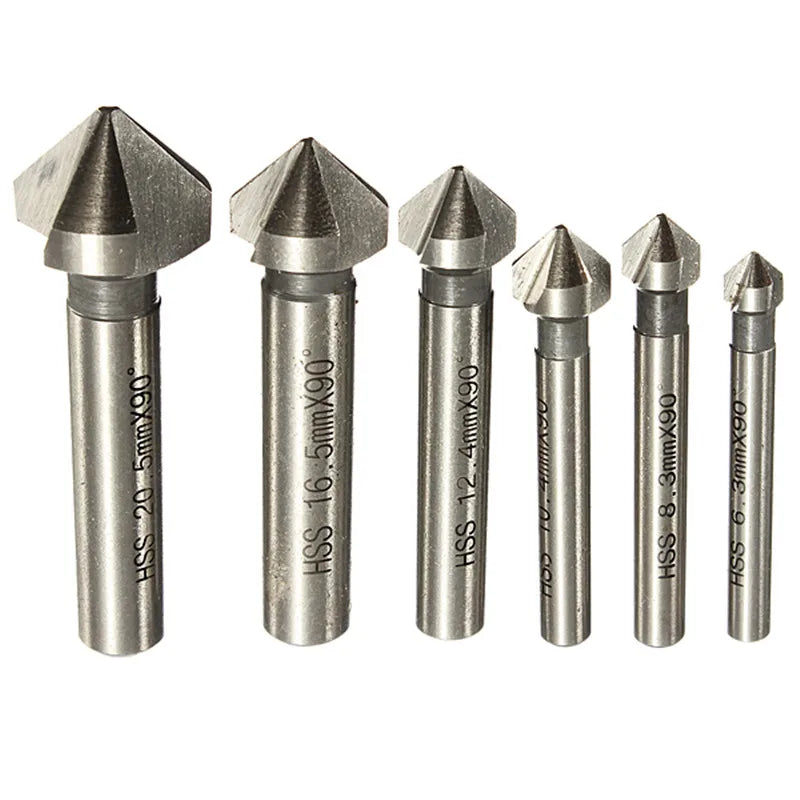 Round shank 6pcs 3 Flute 90 Degree HSS Chamfer Chamfering Cutter End
