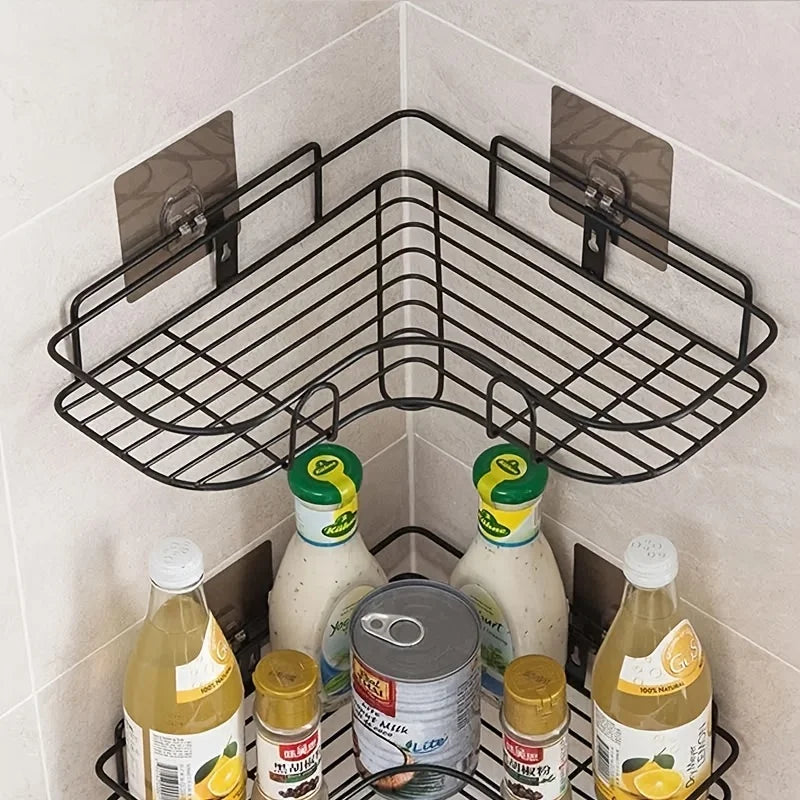 No Drill Double Bathroom Shelf with 4 Seamless Hooks