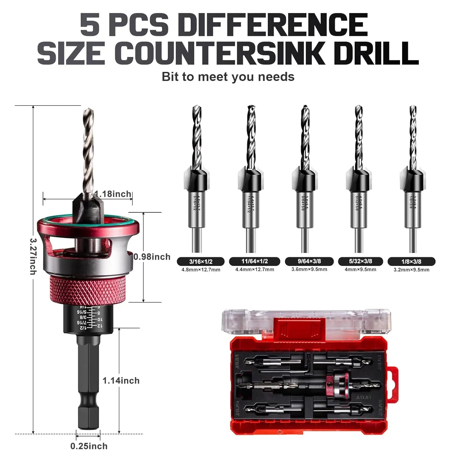 5pcs Countersink Drill with Depth Stop M2 Pre-Drill with Ball Bearing