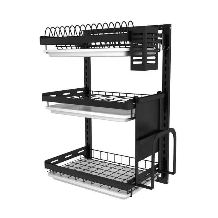Wall-Mounted 3-Layer Stainless Steel Dish Drying Rack – Black