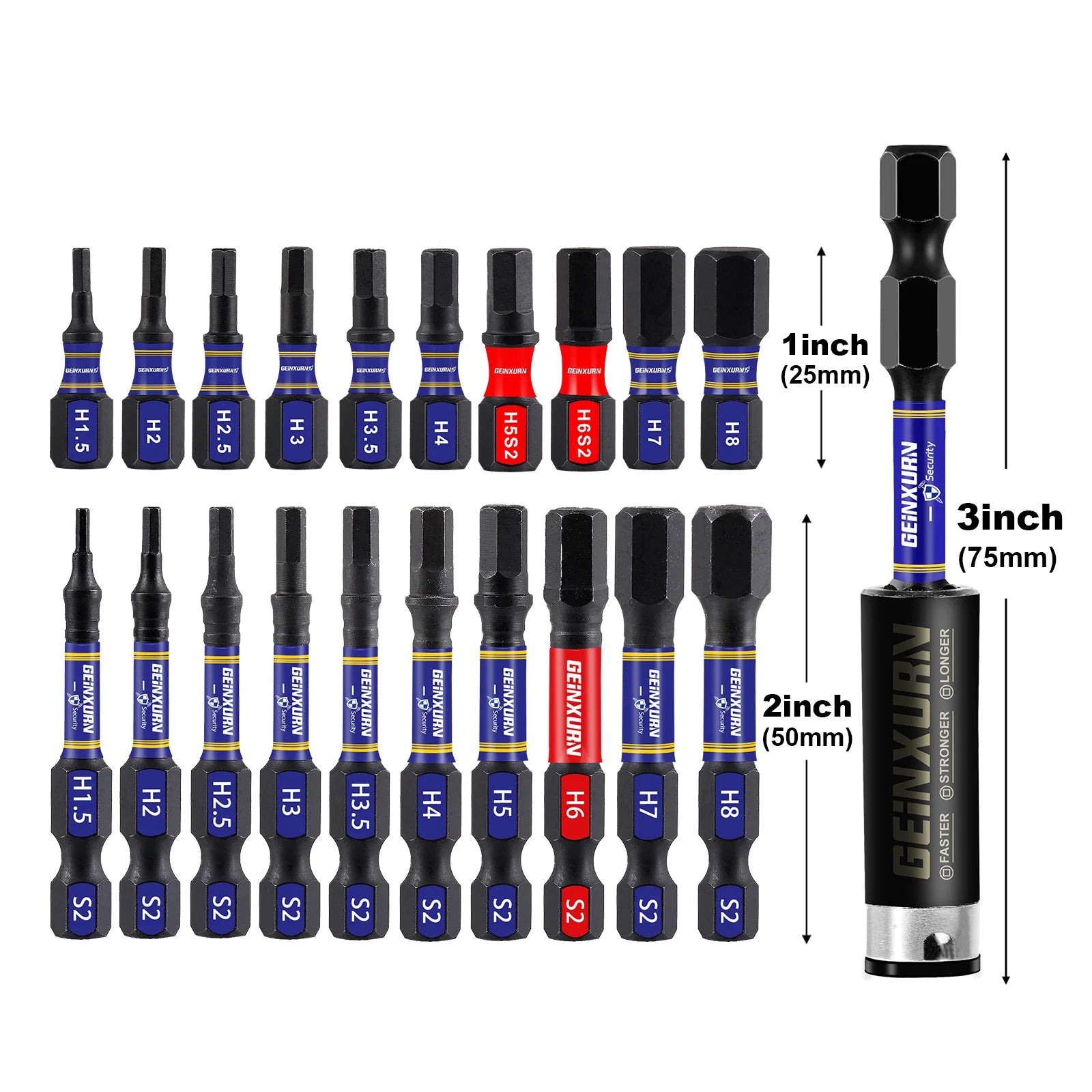 GEINXURN 1 In./2In Metric Hex Head Impact Tough Magnetic Bits Set