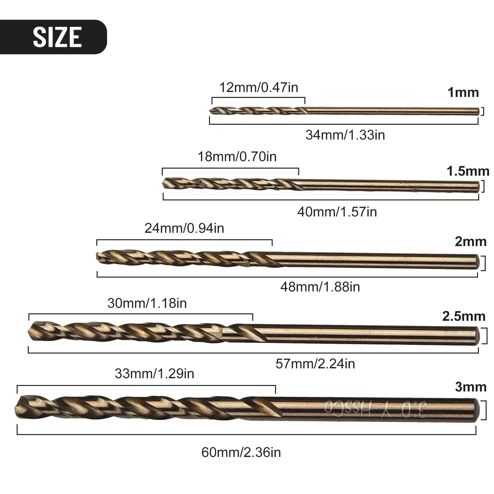 5pcs HSS M35 Cobalt Drill Bit 1mm 1.5mm 2mm 2.5mm 3mm Drill Bit Hole