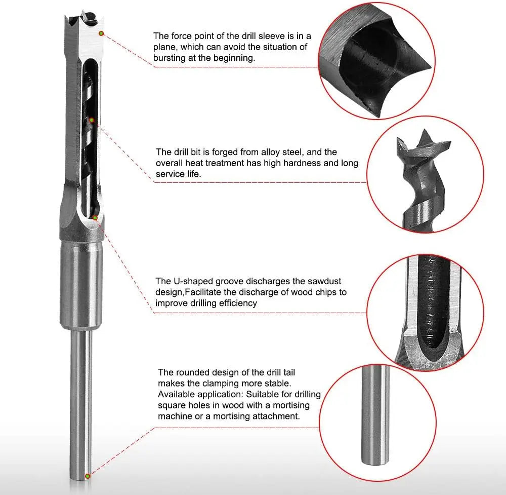 HSS Square Hole Drill Set - Auger Mortising Chisel Bit