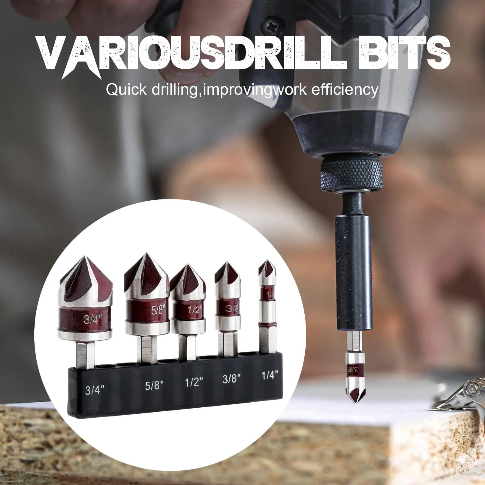 5pcs M35 Cobalt Countersink Drill Bit Set 5 Flute 82° 1/4" Hex Shank