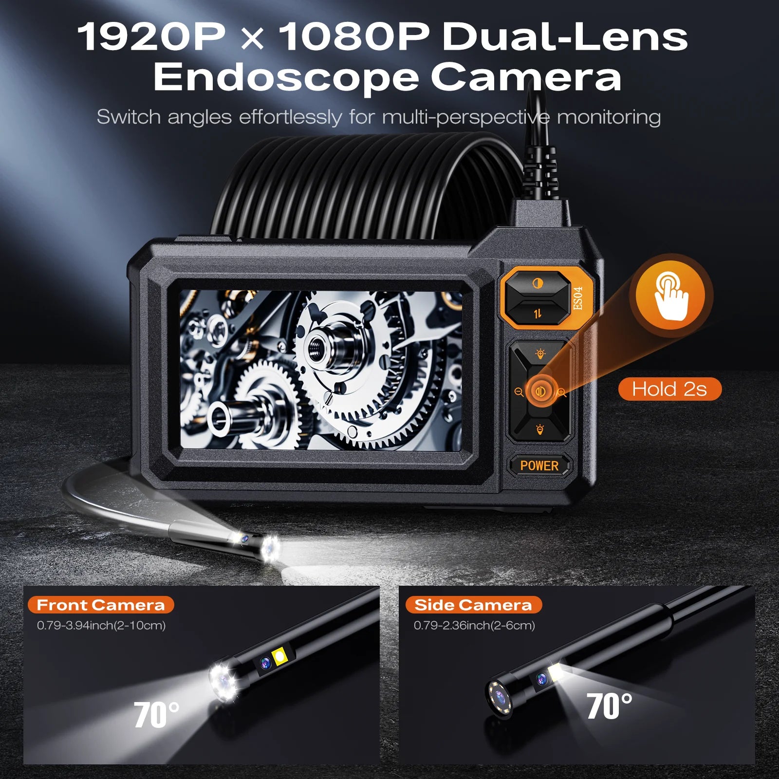 Borescope Dual Lens Endoscope with Light 4.3" IPS 1920P HD Inspection