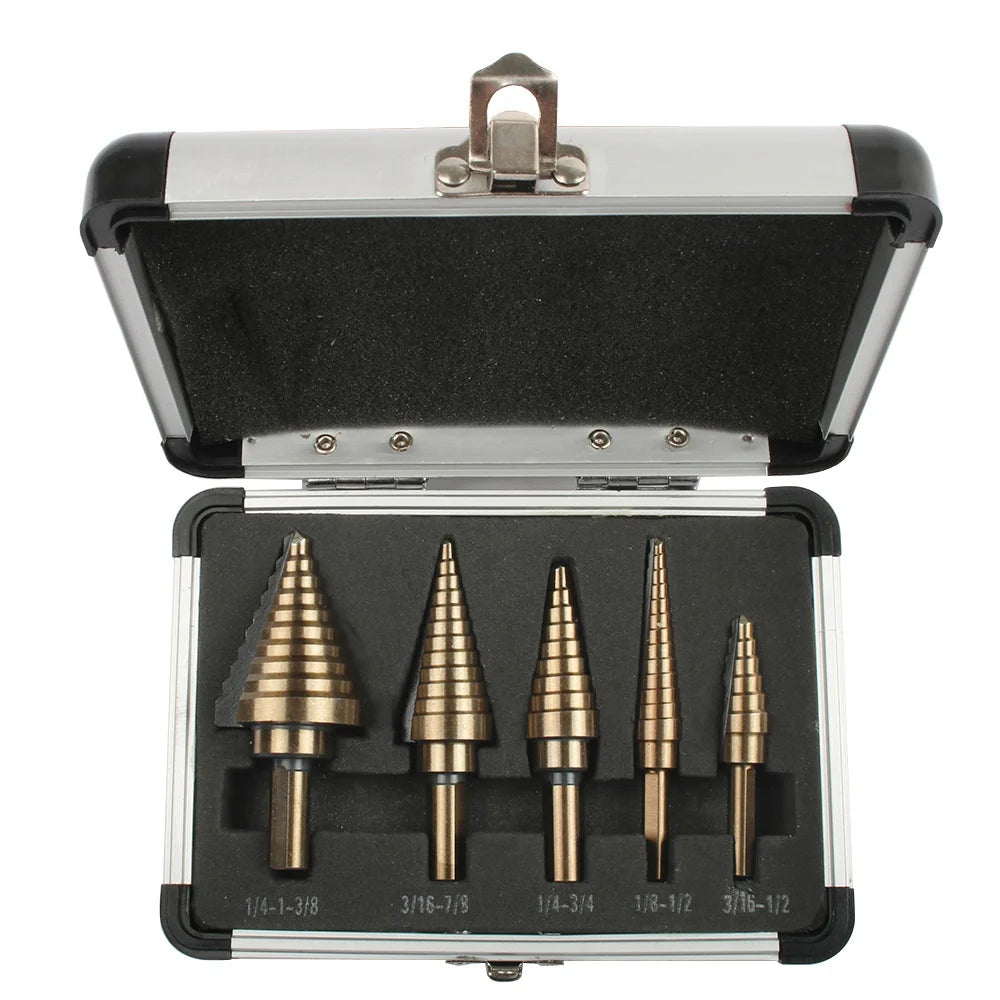 HSS Cobalt Step Drill Bit Set — 5-Piece 50-Size Spiral Flute for Metal